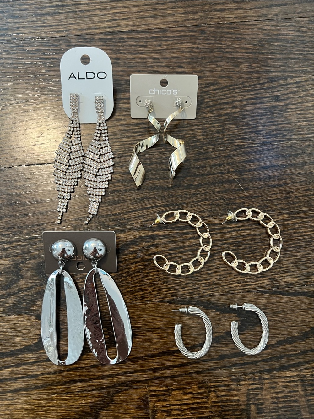 ALDO and Chico’s Silver And Gold Rhinestone Dangle and Hoop Earrings 5 Sets